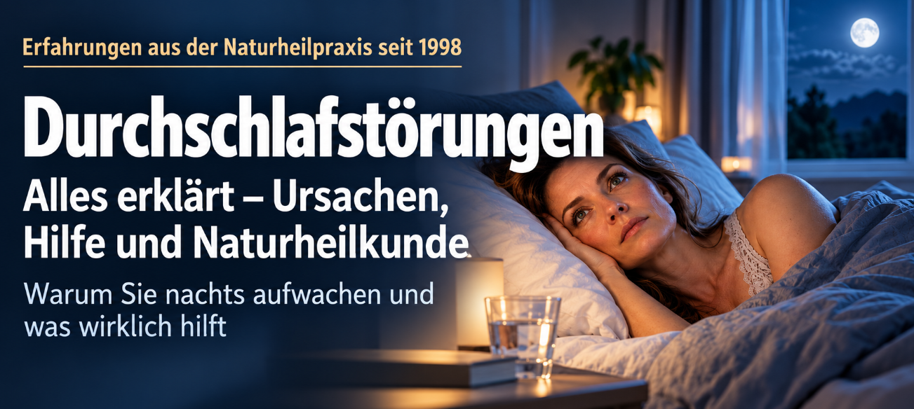 Frau liegt nachts wach im Bett; auf der Grafik steht „Durchschlafstörungen – Alles erklärt: Ursachen, Hilfe und Naturheilkunde“.
