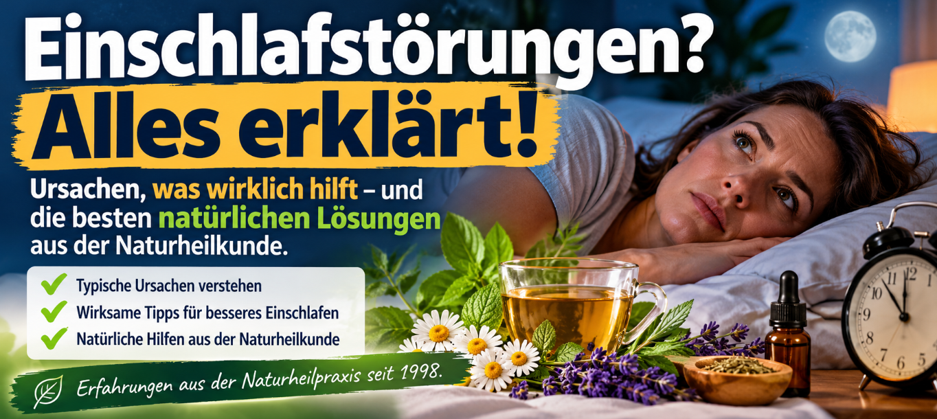 Frau liegt nachts wach im Bett; davor Kräutertee, Heilpflanzen und ein Wecker, daneben die Überschrift „Einschlafstörungen? Alles erklärt!“ mit Hinweis auf natürliche Hilfen und Naturheilkunde.