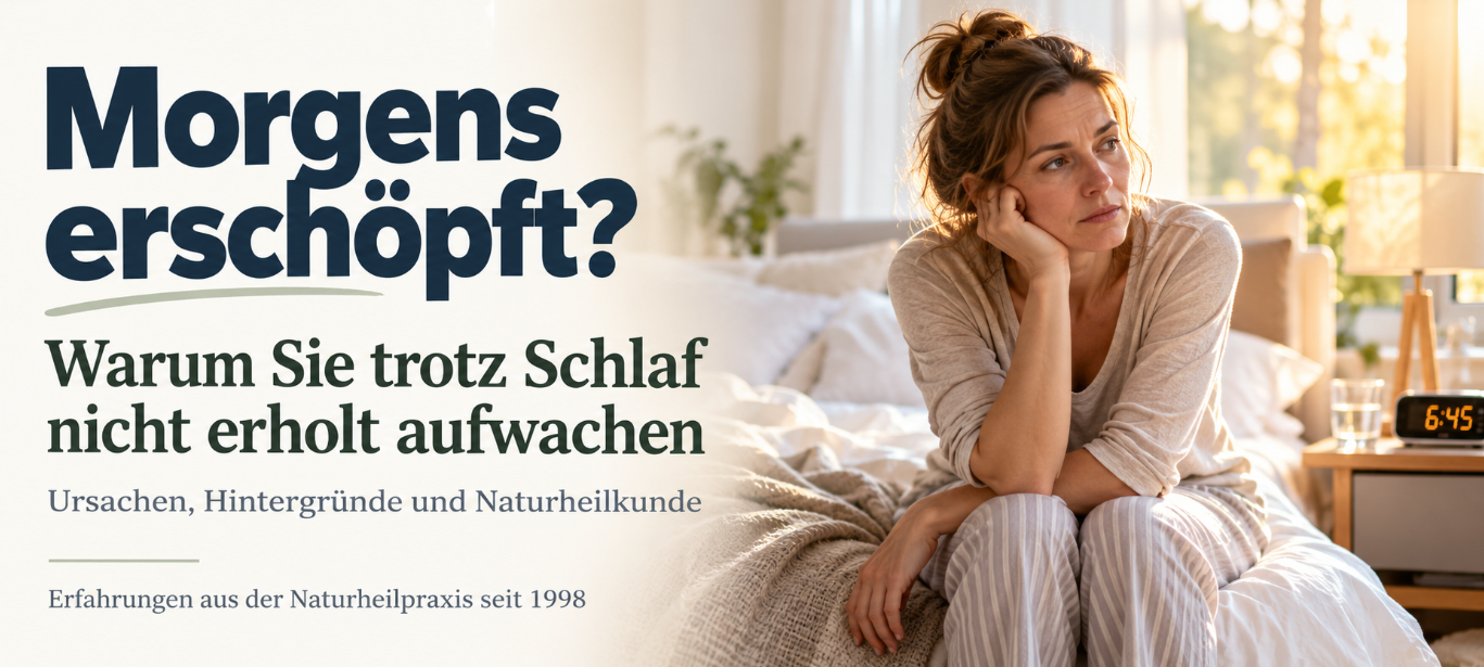 morgens-erschoepft ALT-Tag: Müde Frau sitzt morgens erschöpft auf dem Bett in einem hellen Schlafzimmer, daneben ein Wecker.