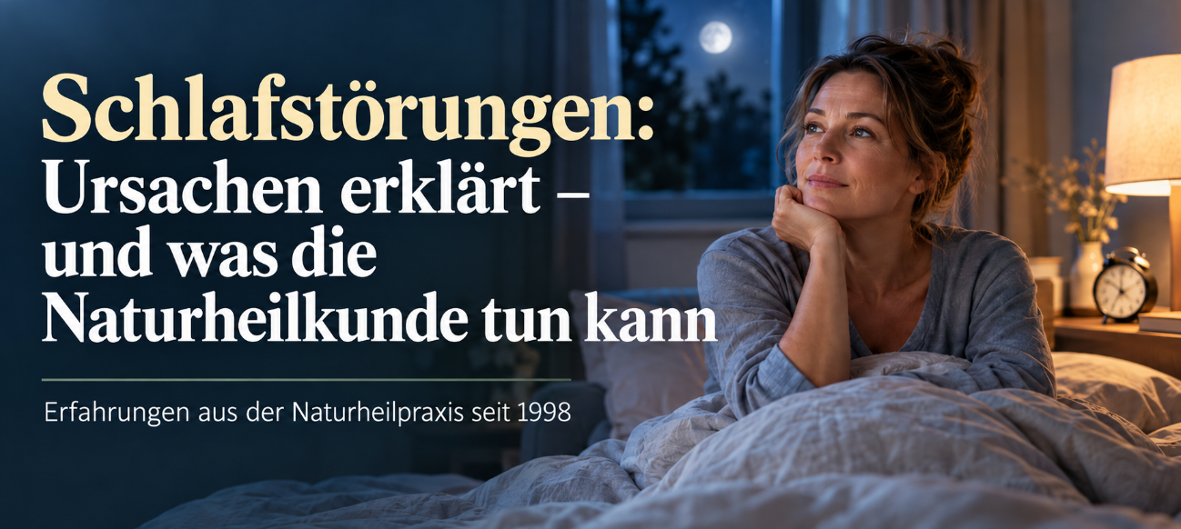 Wach liegende Frau im Bett bei Nacht, Titelgrafik zu den Ursachen von Schlafstörungen